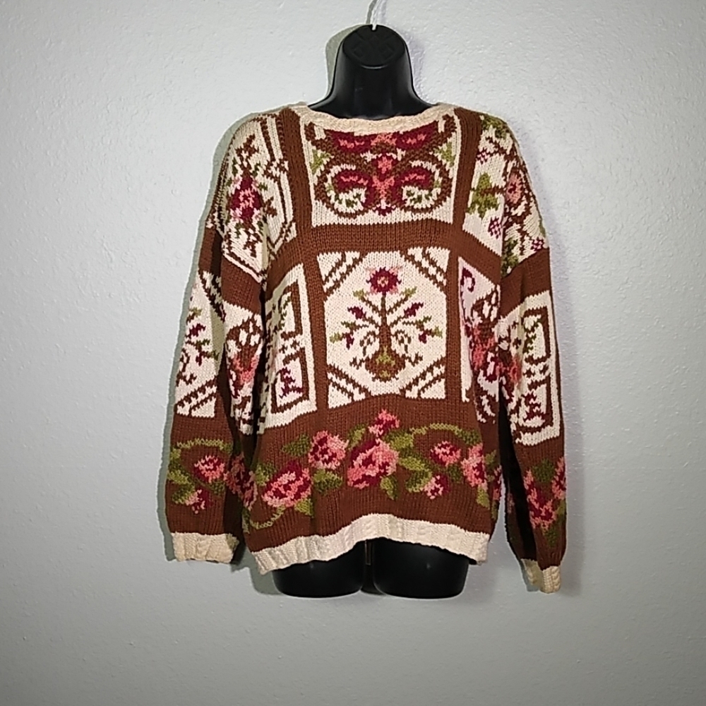 Forenza Vintage 80s Knit Floral Design‎ Sweater Woman's Small Cottagecore Granny